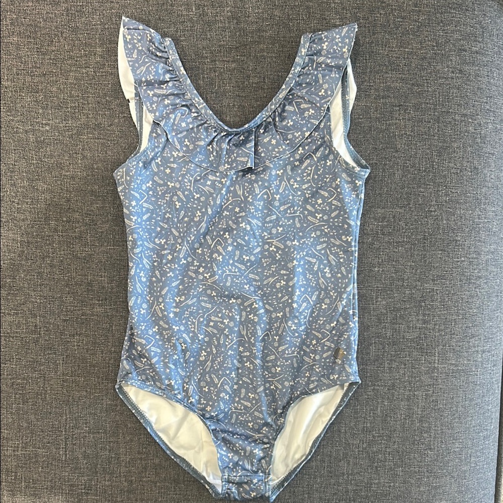 Girls Blue Floral Ruffle-Trim One-Piece Swimsuit